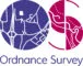 Logo of Ordnance Survey featuring blue and pink circular map designs