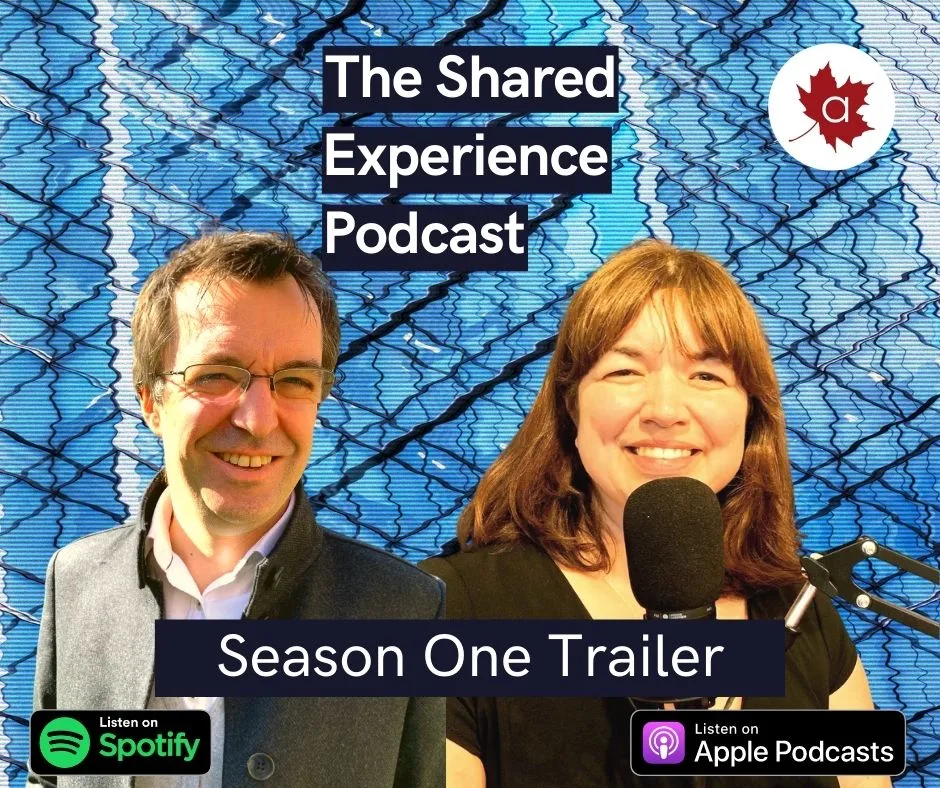 Front cover artwork for The Shared Experience Podcast - featuring photos of the hosts, Jan and Simon