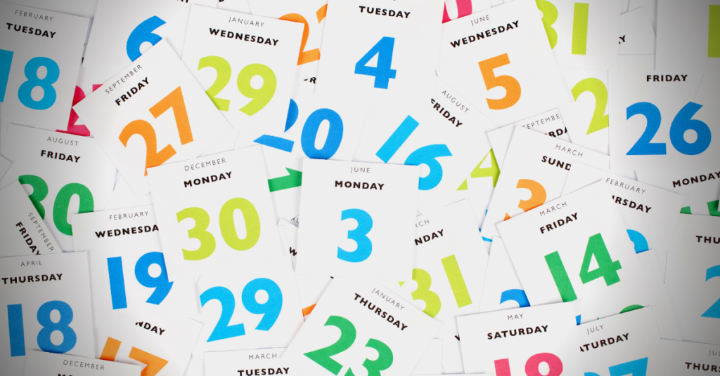 An illustration of lots of colourful pages from a calendar.