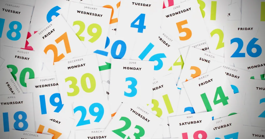 An illustration of lots of colourful pages from a calendar.