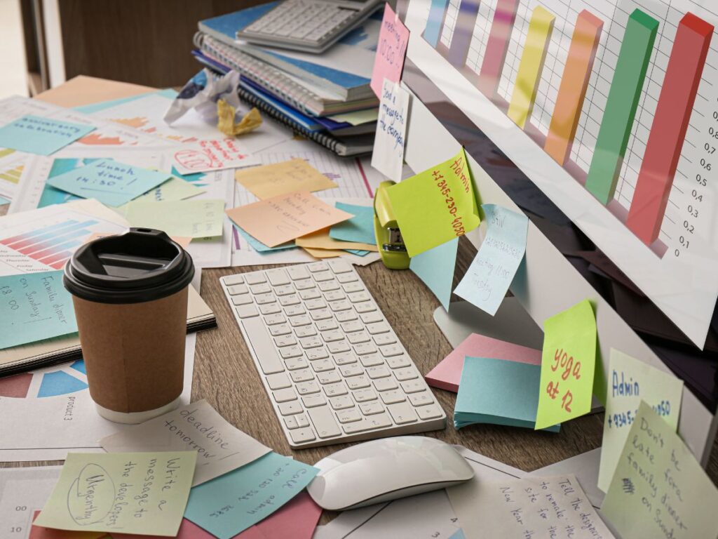 Cluttered desk - illustrating some of the pain points of organising an event