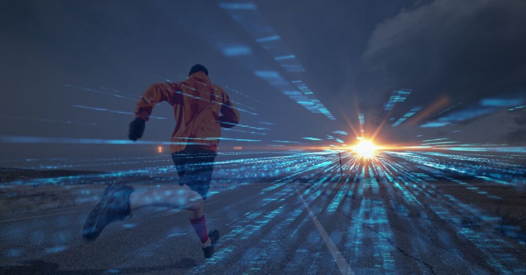 Image of person running fast in a futuristic landscape towards light illustrating the power of AI in event planning