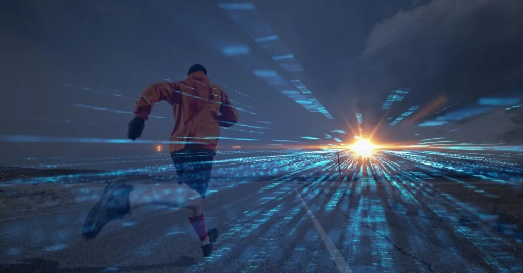 Image of person running fast in a futuristic landscape towards light illustrating the power of AI in event planning