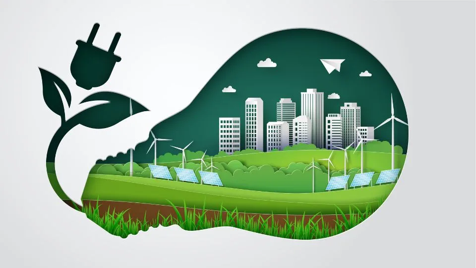 Sustainability and energy graphic showing a green fields, solar and wind energy generators and large buildings inside a lightbulb shape with a plant-like plug coming out the end