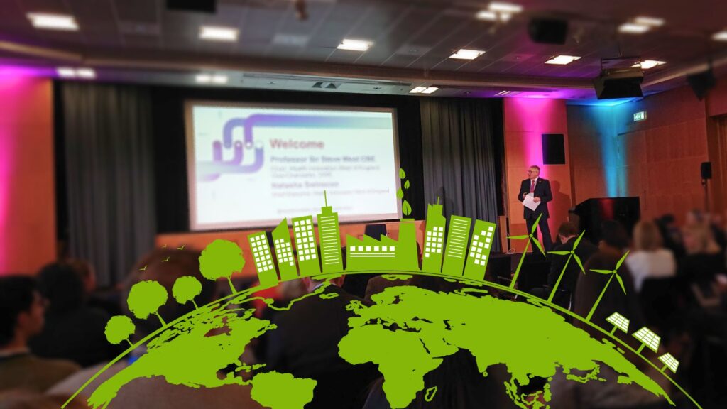 Image of a conference in winter overlayed with sustainability graphics