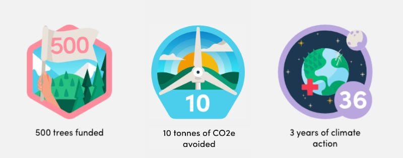 3 badges showing Autumn Live's Ecologi achievements